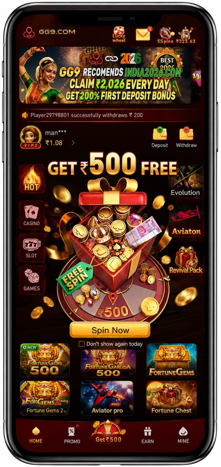 GG9 Game app login screen with modern mobile gaming interface